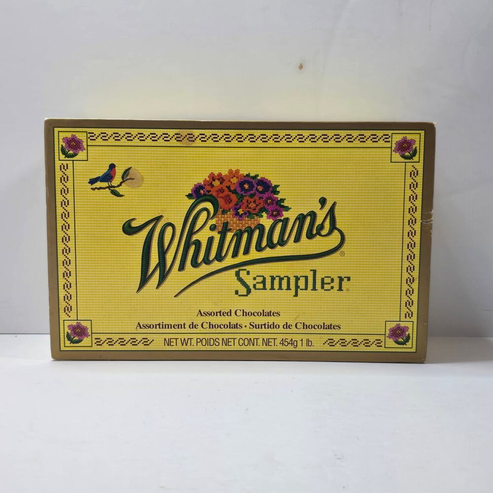 Vintage Whitman’s Sampler Candy Box Yellow Floral Empty 9” USA 1990s cottage